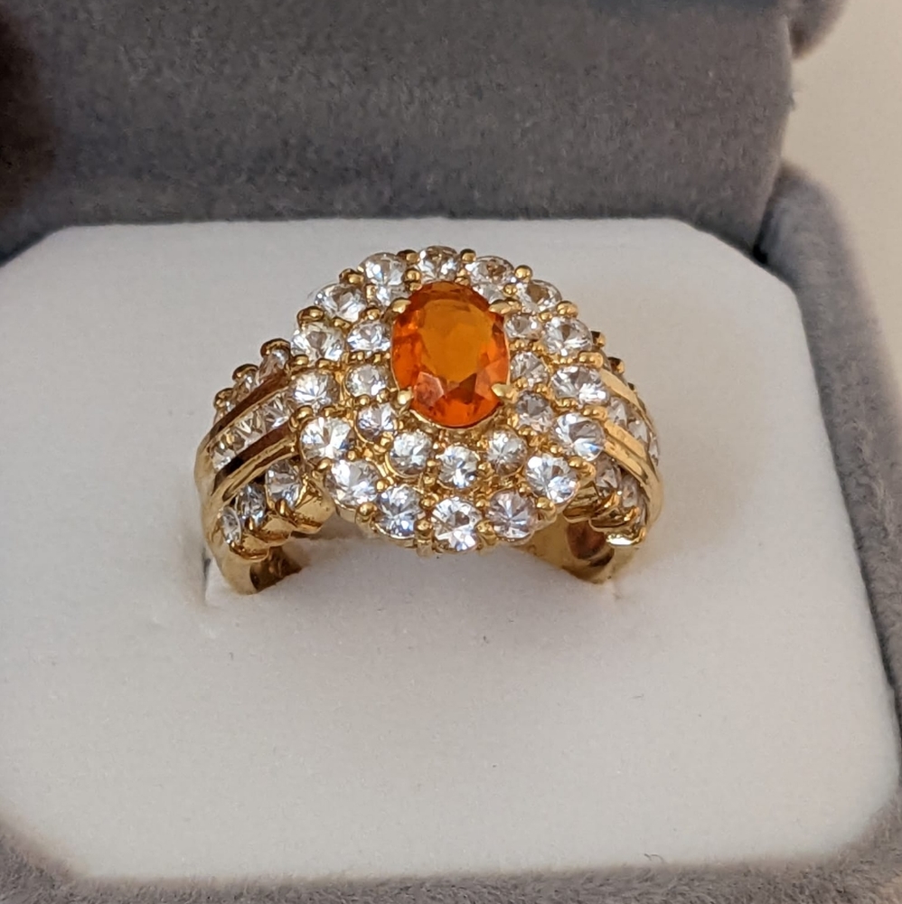 18K Yellow Gold Fire Opal Sapphire Halo Cocktail Ring - Picture 14 of 16
